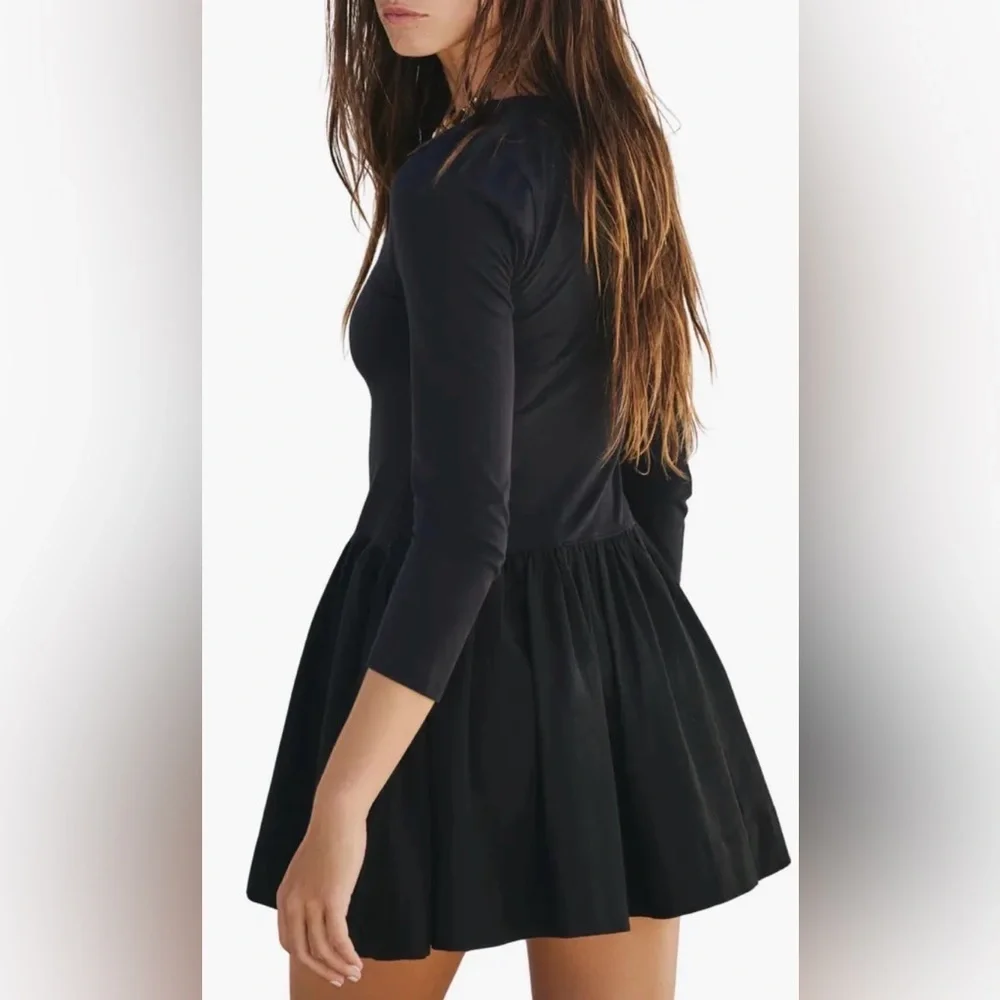 Free People Onda Long Sleeve Stretch Cotton Minidress Black Womens Large